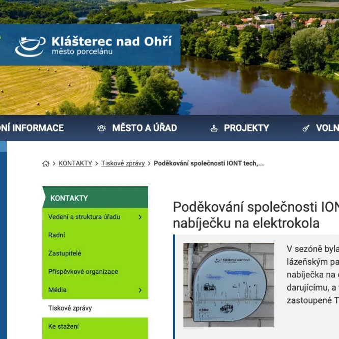 Město Klášterec nad Ohří: Poděkování společnosti IONT tech za nabíječku na elektrokola